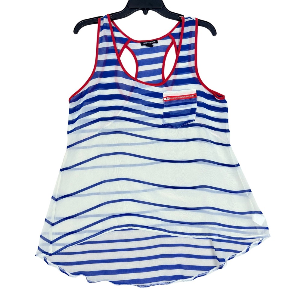 Audrey Ann Tank Top Large Striped Blue White Red Trim Racerback Nautical Summer